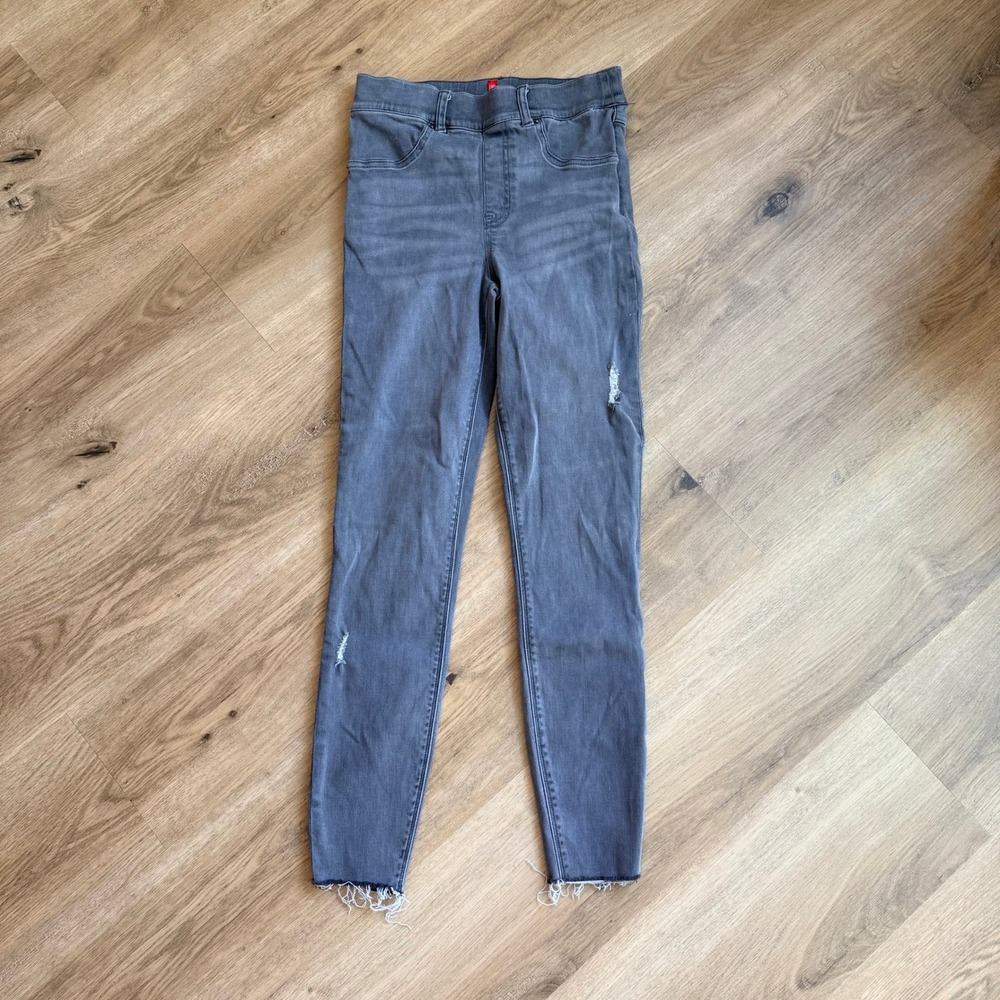 Spanx Jean-ish Ankle Leggings Gray Distressed Raw Hem Pull On Jeans Size Small